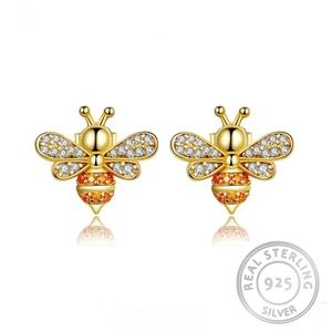 Genuine 925 Sterling Silver & Gold Zircon Crystal Honeybee Earrings